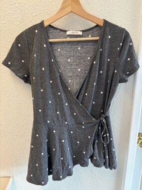 Modcloth Charcoal Gray Polka Dot Wrap Peplum Top